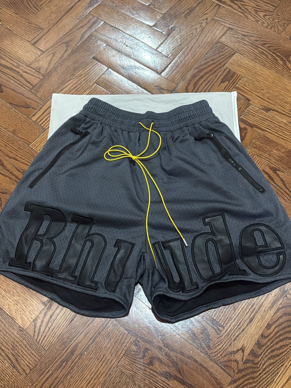 Rhude Charcoal Athletic Shorts with Yellow Drawstring